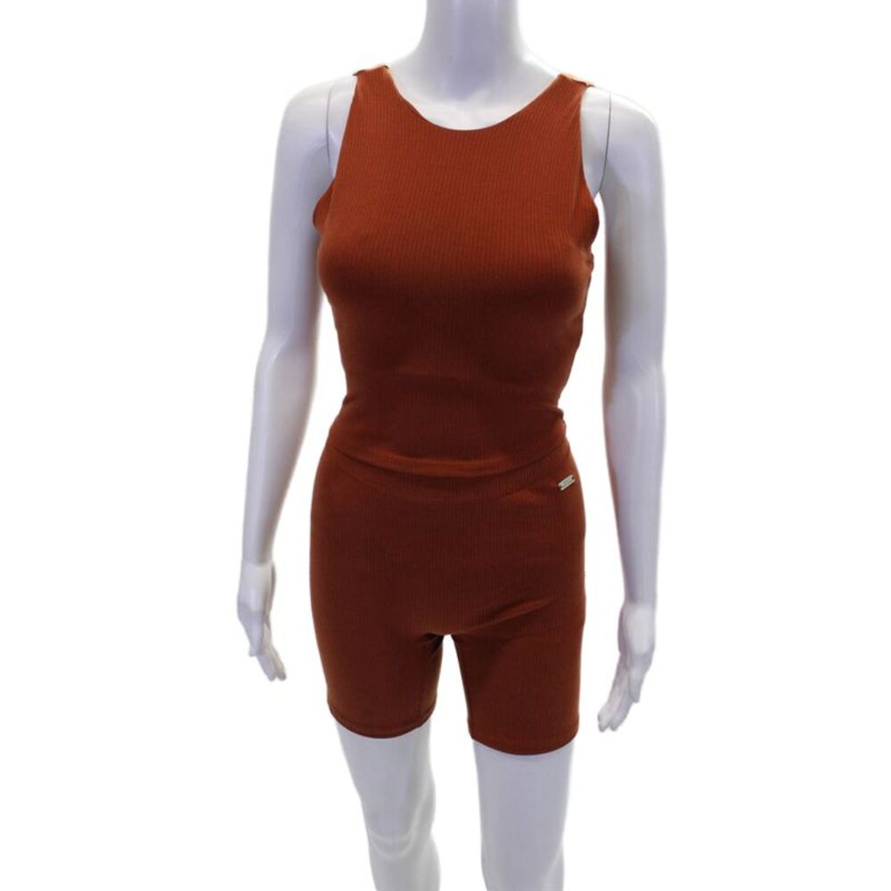 BYLT Womens Scoop Neck Ribbed Knit Tank Top Shorts Set Brown Size Small